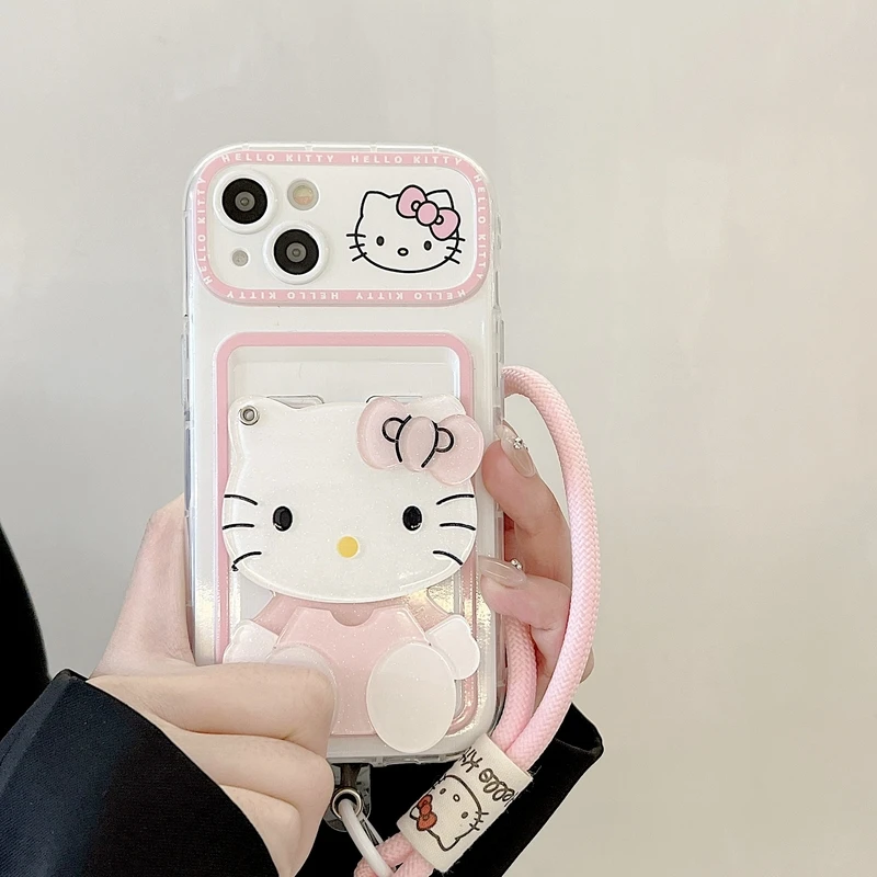 3D Cute Cartoon Sanrio Hello Kitty Phone Case For iPhone 15 14 13 12 11 Pro Max With Cosmetic Mirror Back Cover With Lanyard