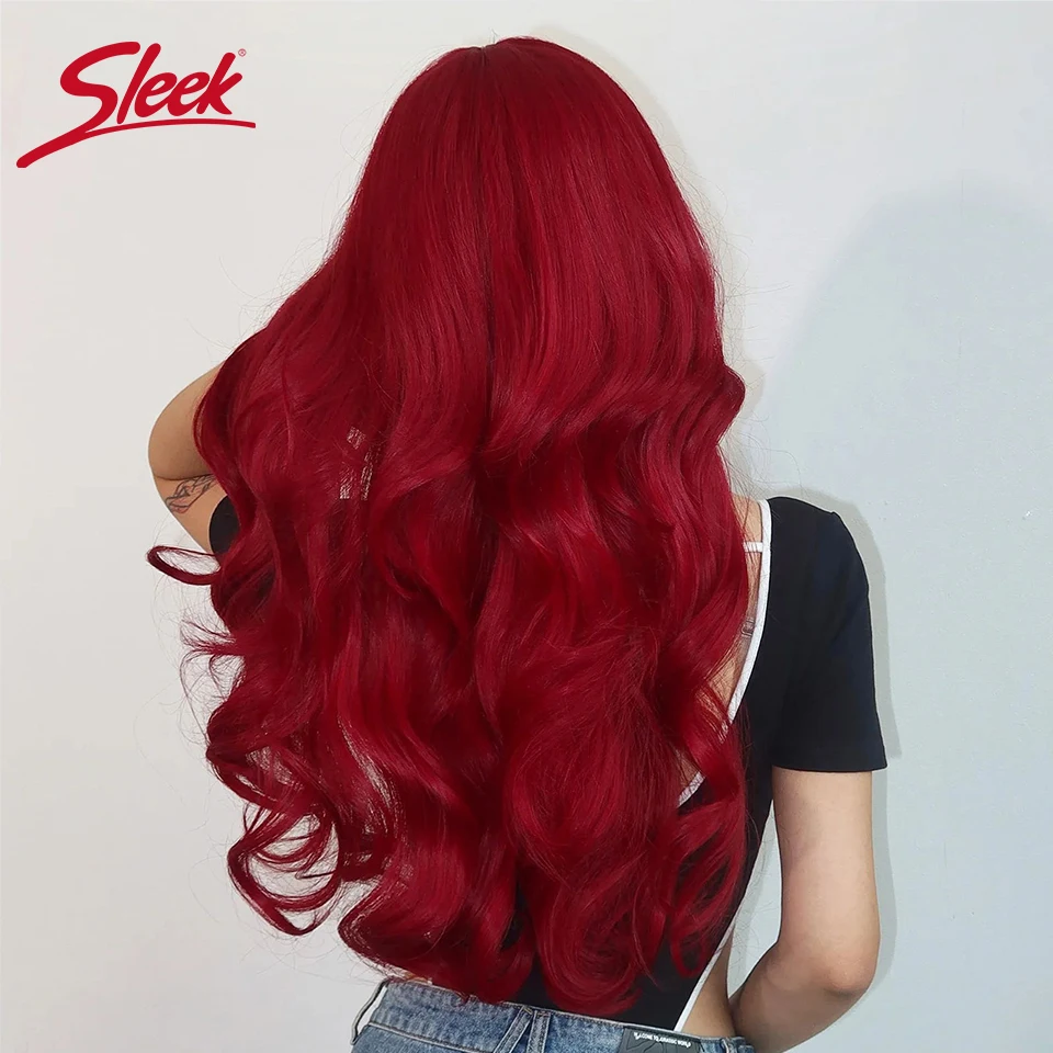 Wig gelombang tubuh merah Brazil Wig rambut manusia hitam gelap Remy alami warna merah mulus dengan poni untuk wanita warna hitam