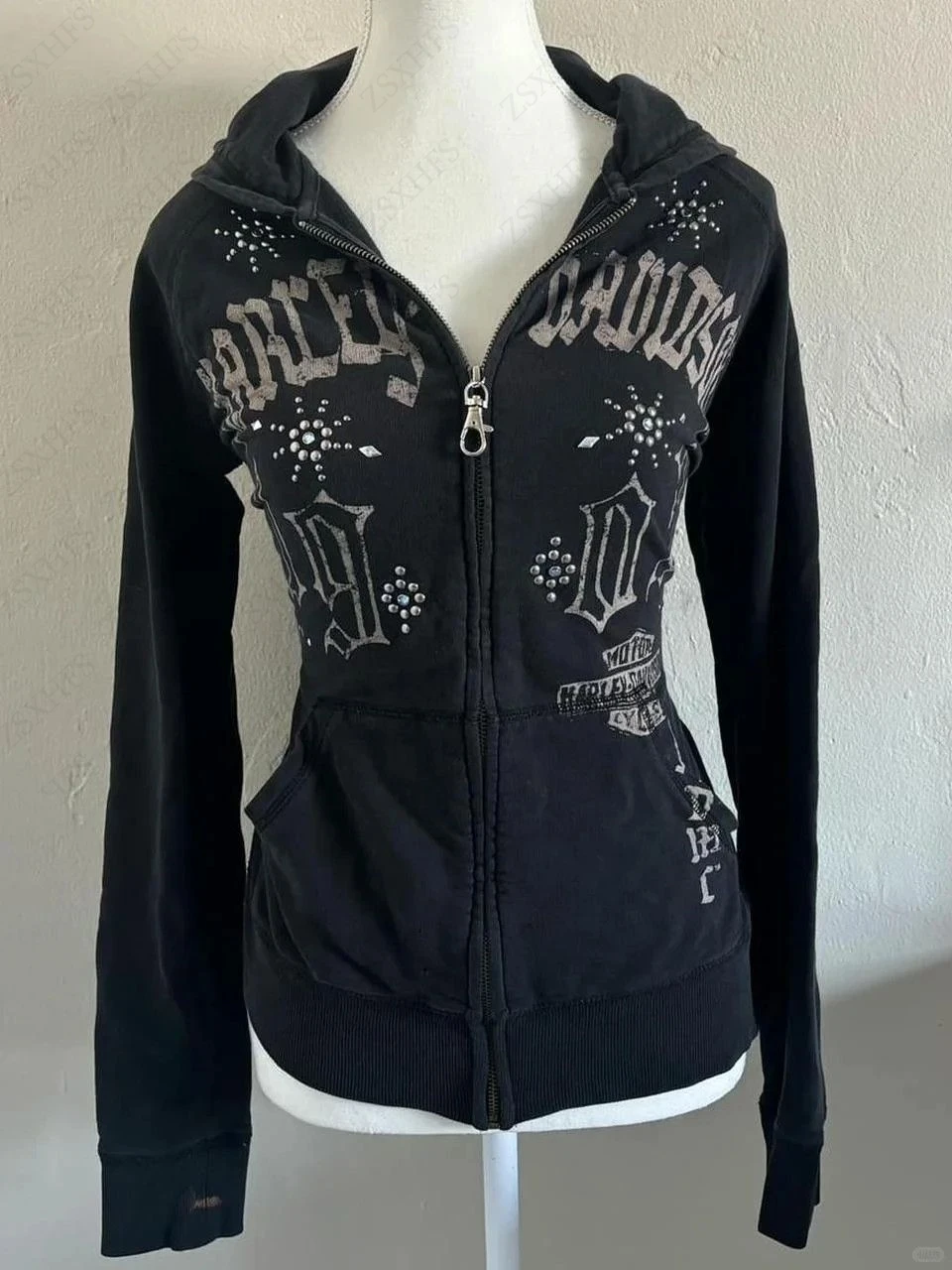 

Зимние женские толстовки 90-х годов в стиле панк High Street, винтажные толстовки Y2k, повседневная толстовка с капюшоном в стиле гот для девочек на молнии в стиле Харадзюку, уличная одежда с капюшоном в стиле хип-хоп