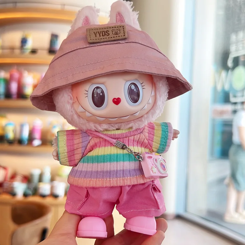 

Labubu Clothes 1-3 Gen Vinyl Doll Sitting Party Outfits Striped T-Shirt Cargo Pants Glasses Crossbody Bag Dopamine Fashion Set