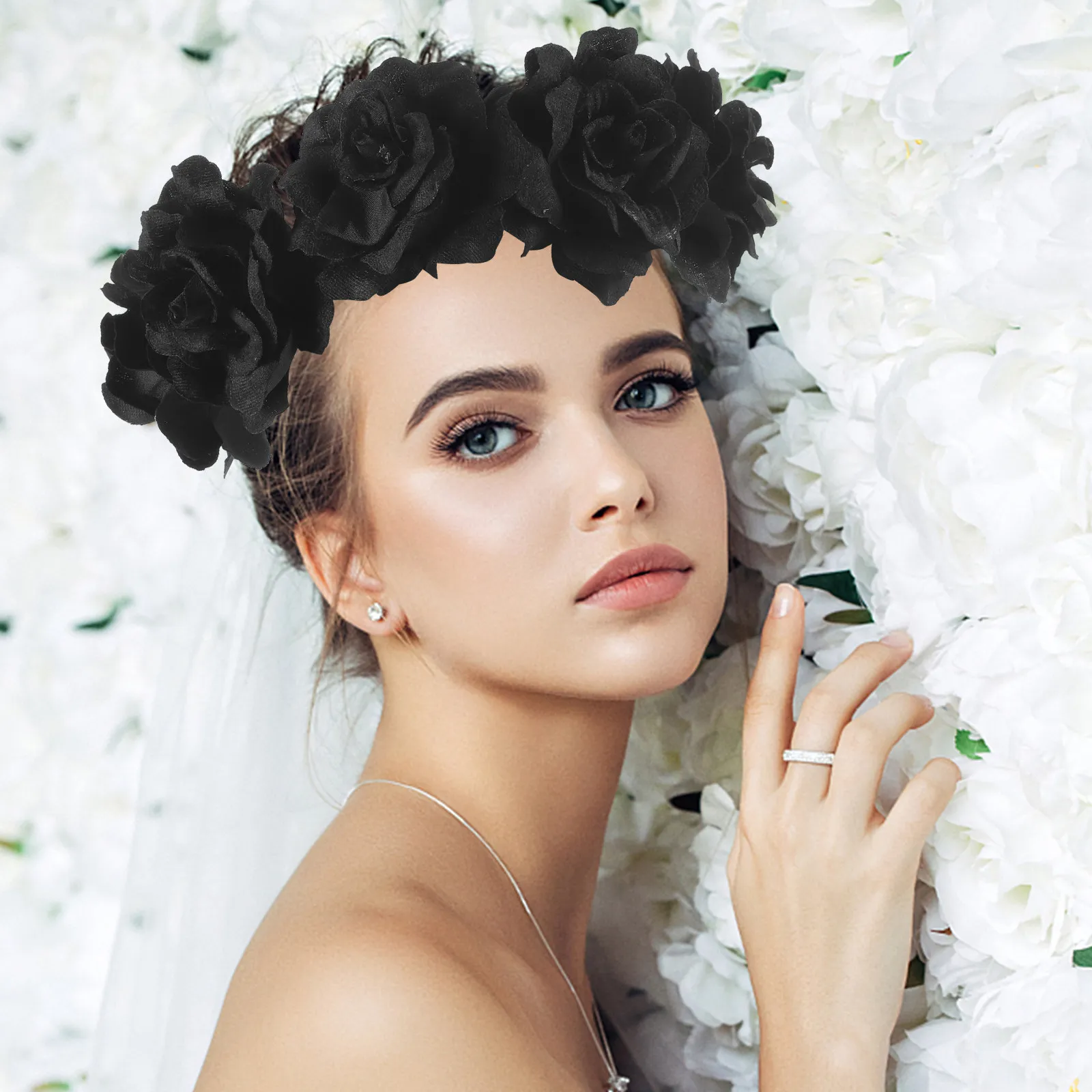 

Черный регулируемый цветочный венок с розами для вечеринок и фестивалей, элегантный цветочный венок-гирлянда, аксессуар для волос, цветочный головной убор, черный