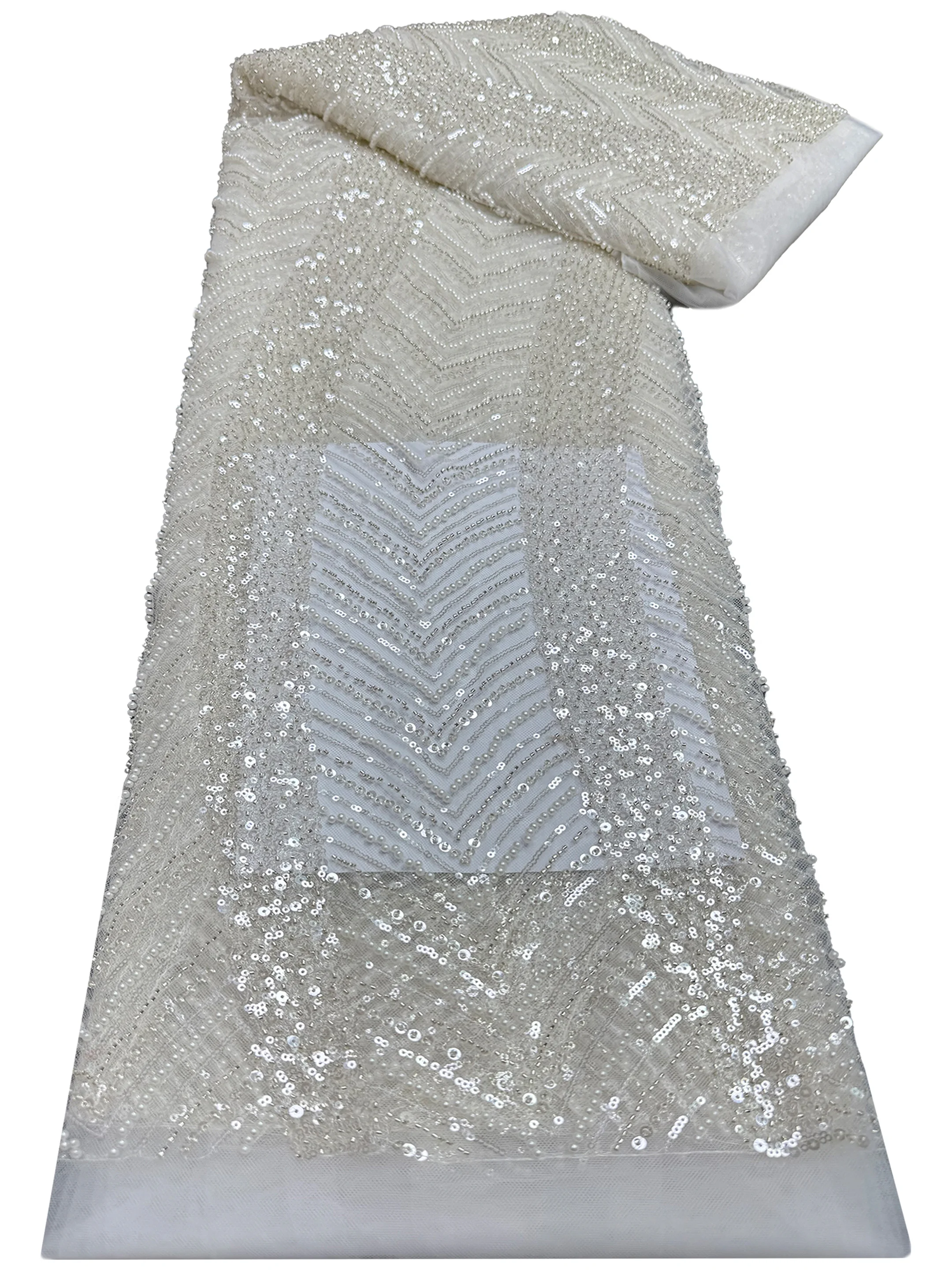 

2025 African Handmade Sequins Net Pearls Lace Fabric French Heavy Beaded Tulle Lace Fabric For Bridal Party Dress Material