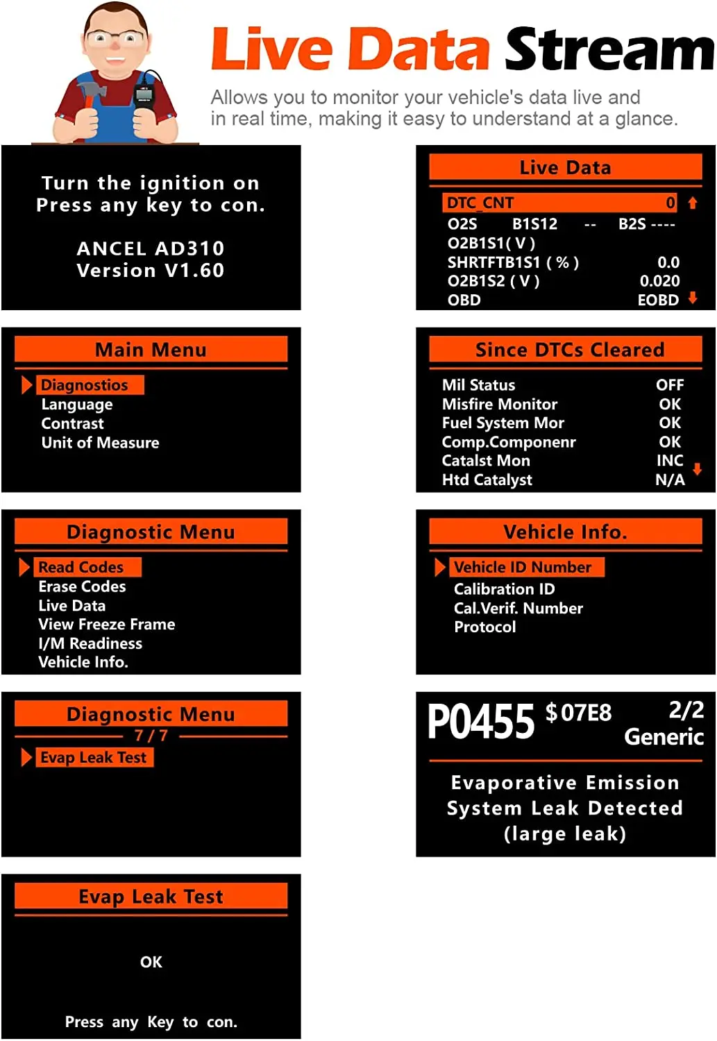 Ancel AD310 Obd2 الماسح الضوئي أداة تشخيص السيارة قارئ الرمز البيانات المباشرة إيقاف MIL obdii ماسح ضوئي تشخيصي تلقائي متعدد اللغات