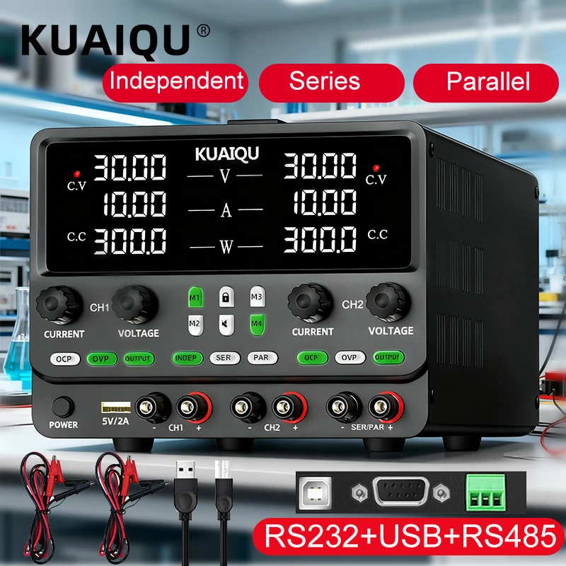 

KUAIQU источник питания постоянного тока с двойным выходом, 30 В, 10 А, 5 А, независимый/серия/параллельный режим, программируемый настольный источник питания RS232 USB RS485