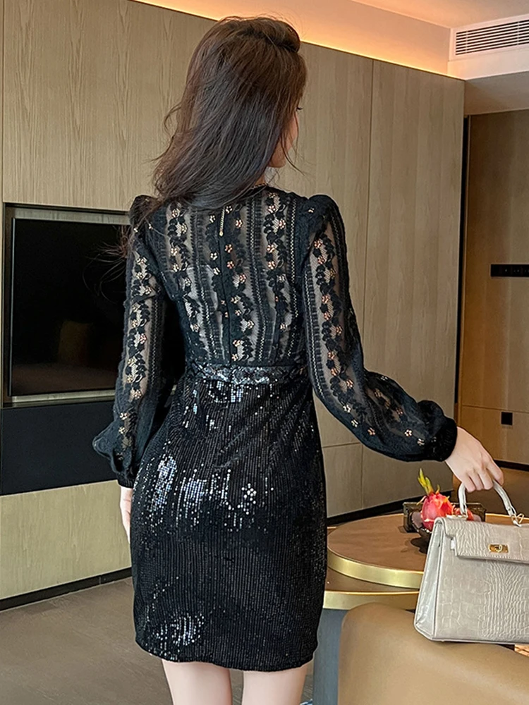 Vestido de noche francés elegante para mujer, minivestido de fiesta de 2 piezas con lentejuelas brillantes empalmadas de encaje transparente negro, 2024