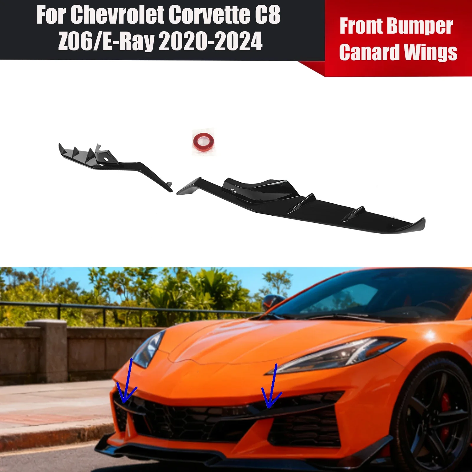 A Set of Car Front Bumper Canard Wings For Chevrolet Corvette C8 Z06/E-Ray 2020-2024 Glossy Black Carbon Fiber Style ABS Plastic