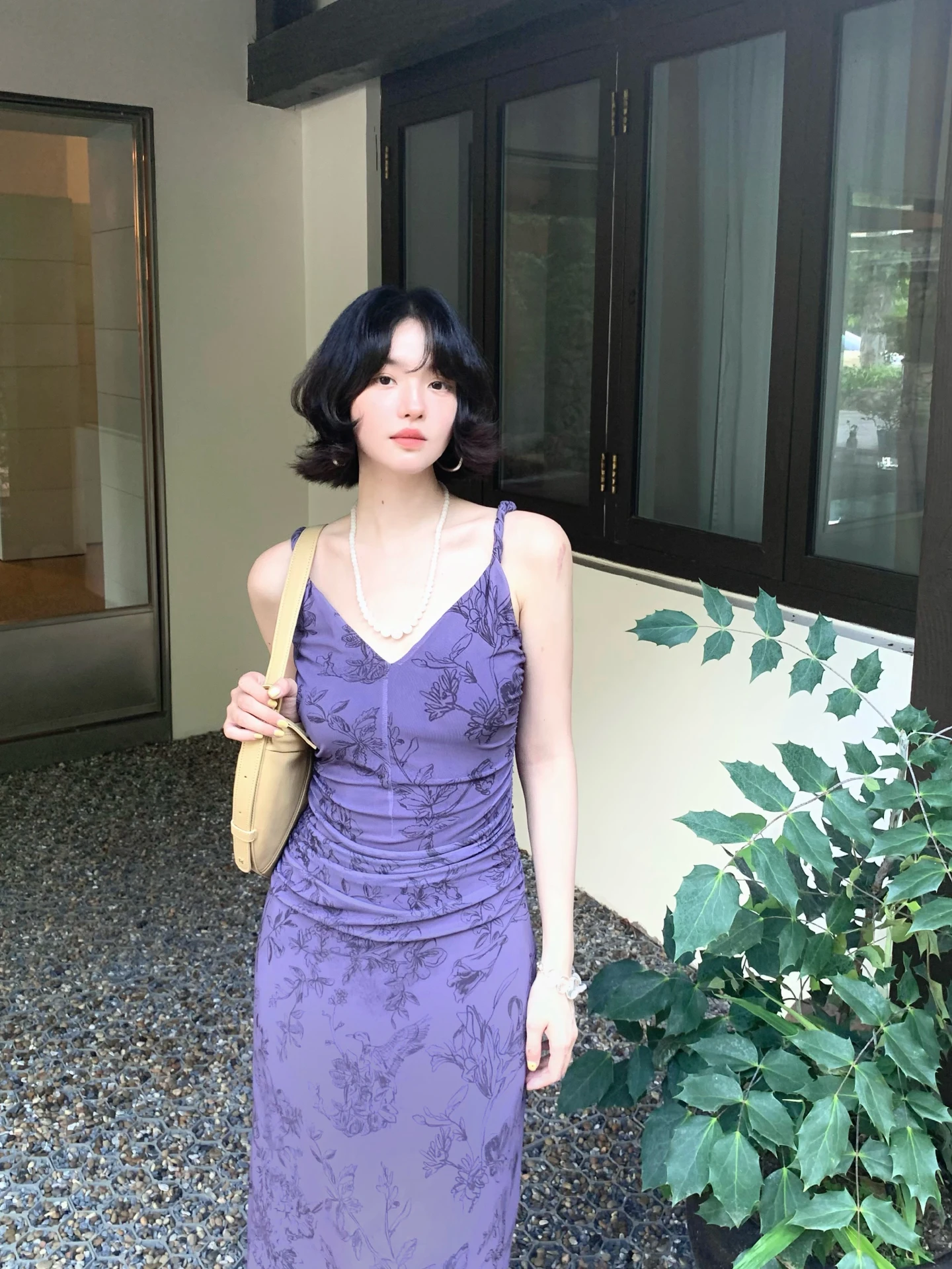 Retro Hand-Painted Floral Halter Dress Slim-Fit High-Waisted Soft Polyester Urethane Fiber High-Stretch Spring Summer Autumn