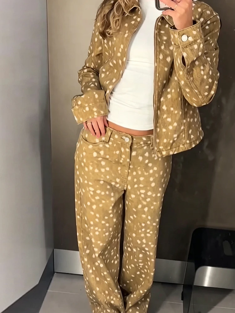 Women Deer Spot 2 Piece Set Long Sleeve Full Zip Cropped Top High Waist Straight Long Pants Outfit Vintage Chic Ladies Tracksuit