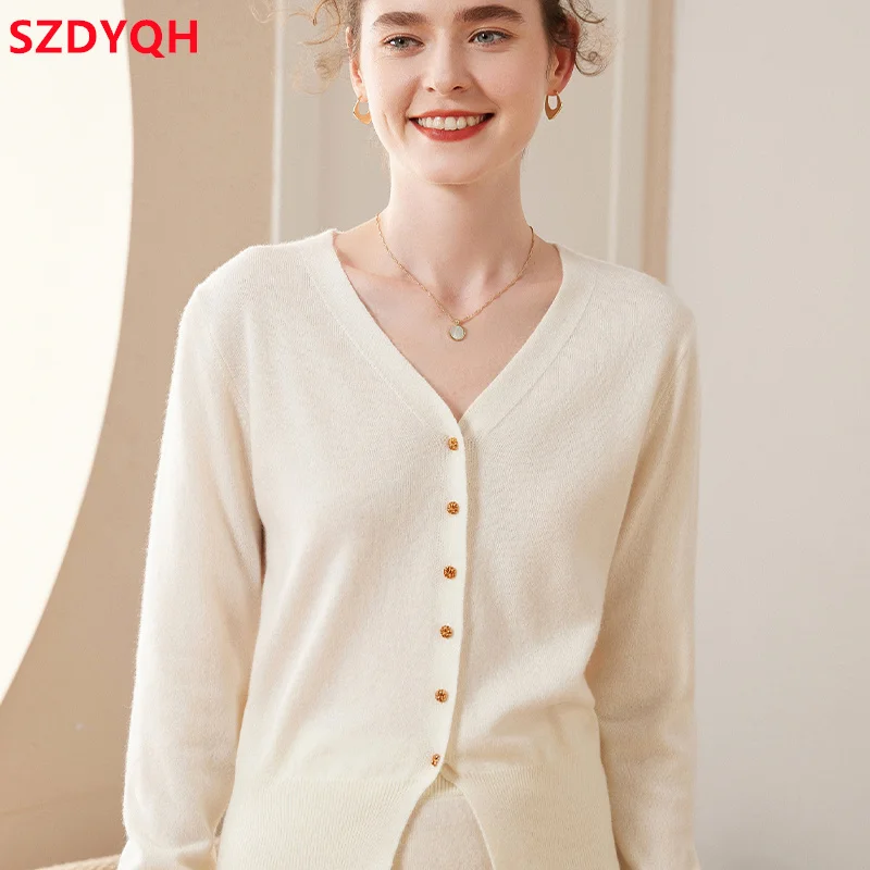 2023 Hot Sale Autumn Winter New Women 100% Cashmere Sweater Female V-Neck Solid Color Knitted Cardigans Loose Jacket Woman Tops