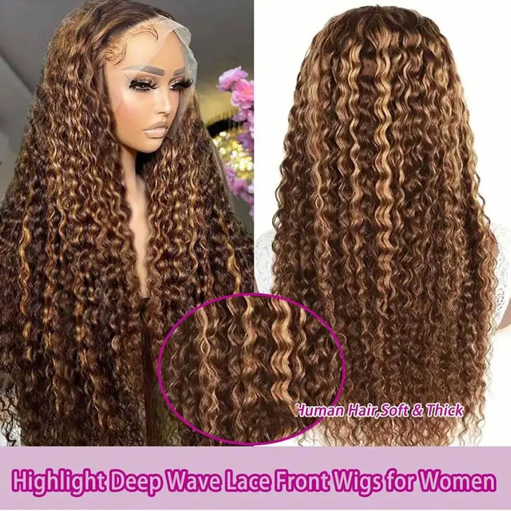 Wig Rambut Asli 200% 13x4 HD Transparent Deep Wave Frontal Wig Ombre Highlight Curly Lace Front P4/27 5x5 Gluless Closure Wig