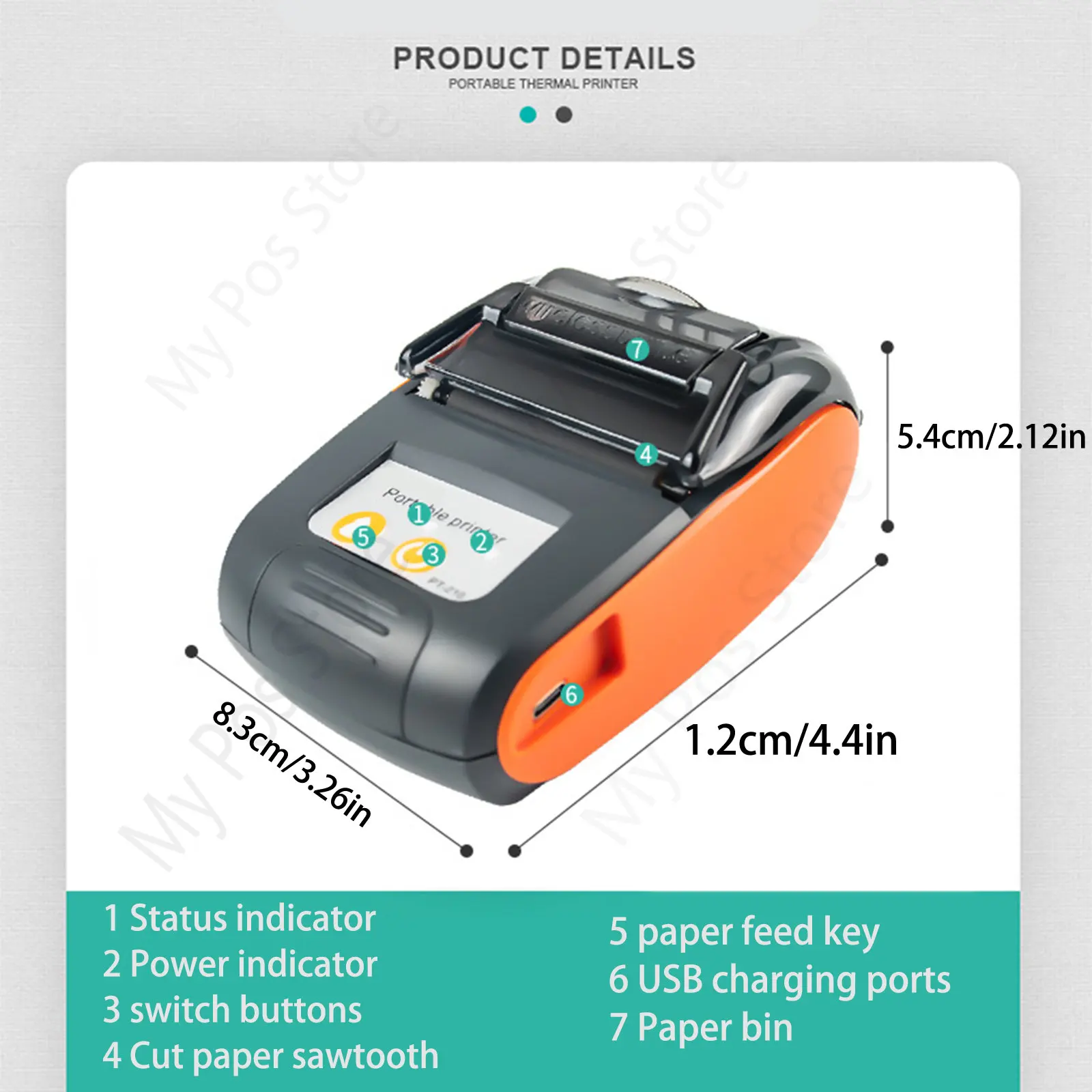 Imprimante de reçus thermique portable, impression de reçus 58mm, PT210, USB, prise en charge Bluetooth, système Loyverse Android et Windows