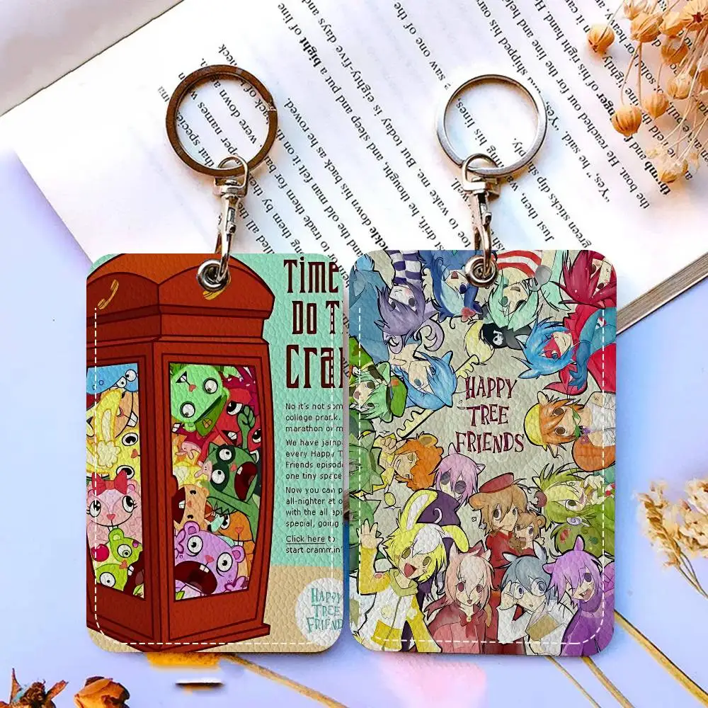 Classic Horror Animation H-Happy Tree Rectangle ID Card Case Keychain Access Card Bag Key Tag Ring Leather Card