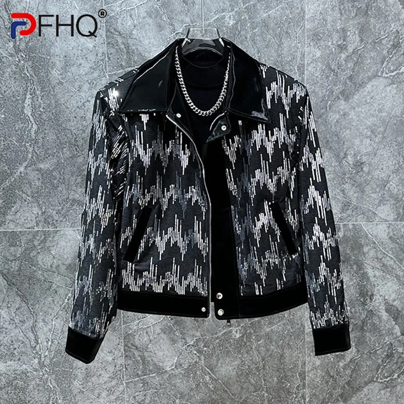 

PFHQ Korean Sequin Splicing Design Men's Short Jacket Fashionable Shoulder 2024 Contrast Color Male Tops Darkwear 21Z5592