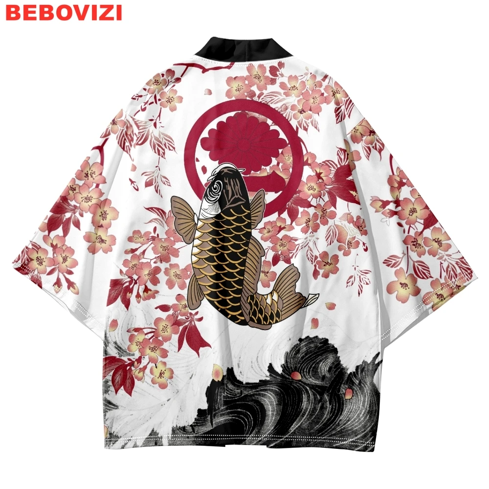 

Flower Koi Print Cardigan Haori Beach White Yukata Japanese Kimono Fashion Streetwear Men Women Asian Clothing Plus Size 5XL 6XL