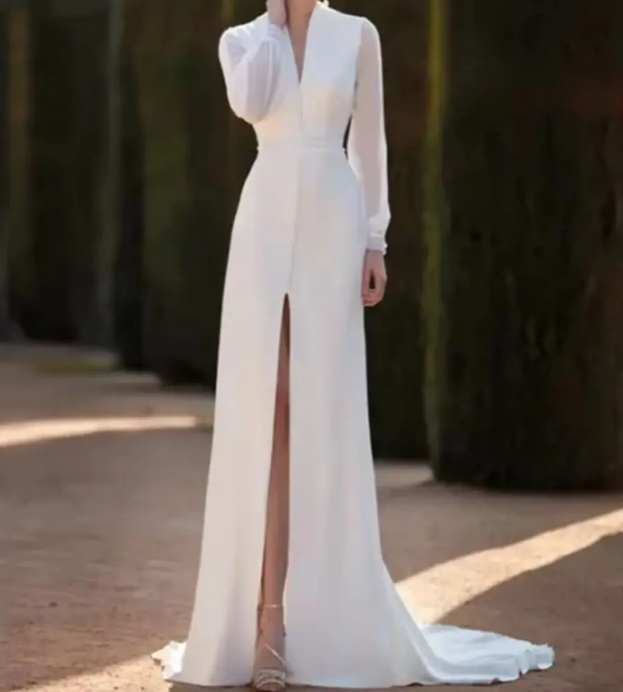 Sexy bruidsjurk met V-hals en zijsplitten Charmant uitgesneden rug Eenvoudige trouwjurken met lange mouwen Elegante vestidos de noiva