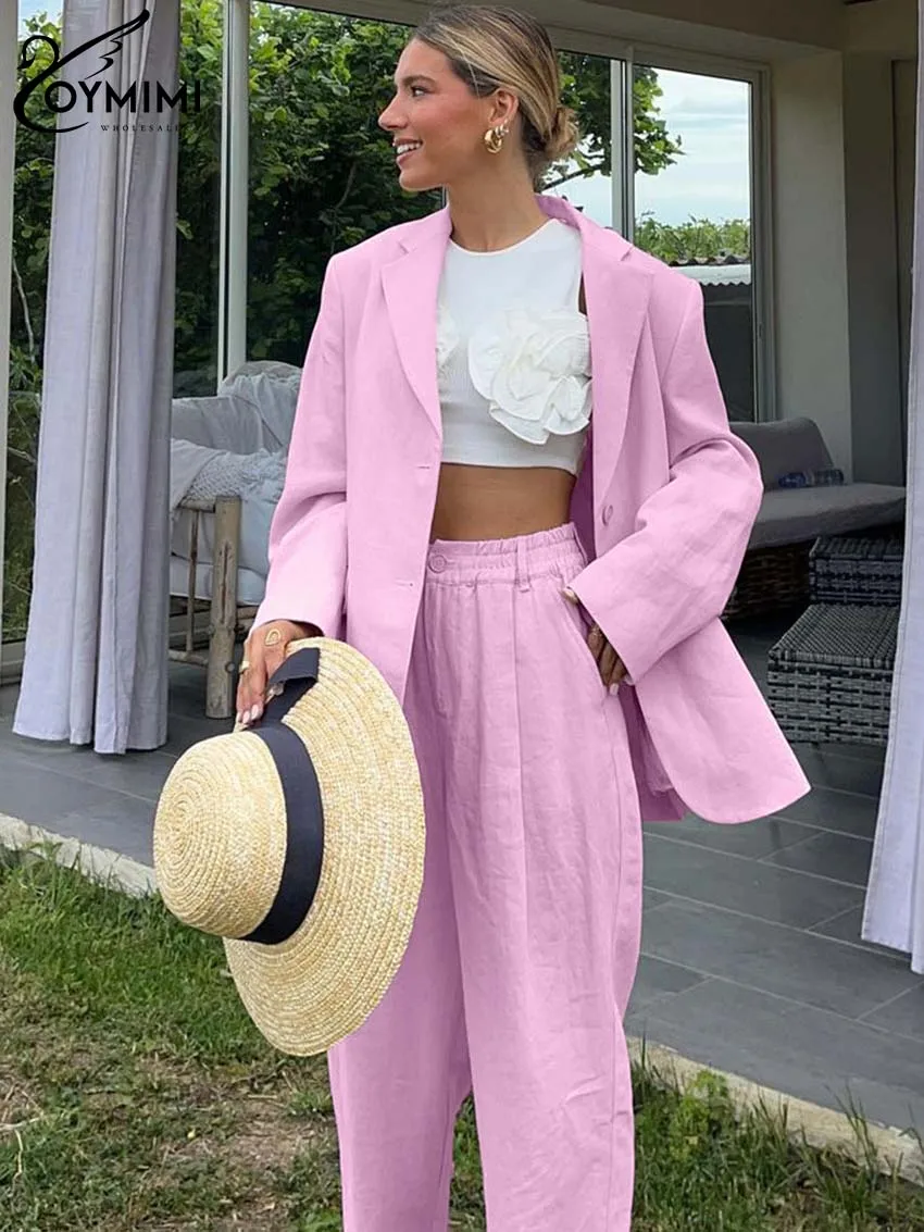 Oymimi Elegant Pink Cotton 2 Peice Set Woman Fashion Long Sleeve Button Pockets Shirts And High Waist Straight Trousers Sets