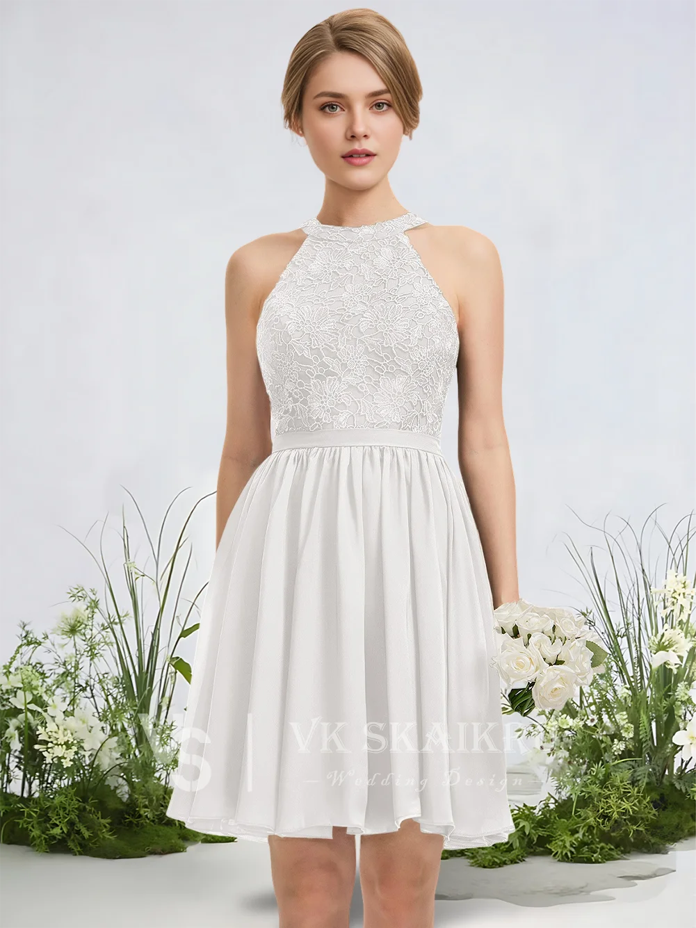 

A Elegant Bridesmaid Dresses For Wedding A-Line Scoop Knee-Length Lace Chiffon Party Dresses Formal Evening Cocktail Guest Dress