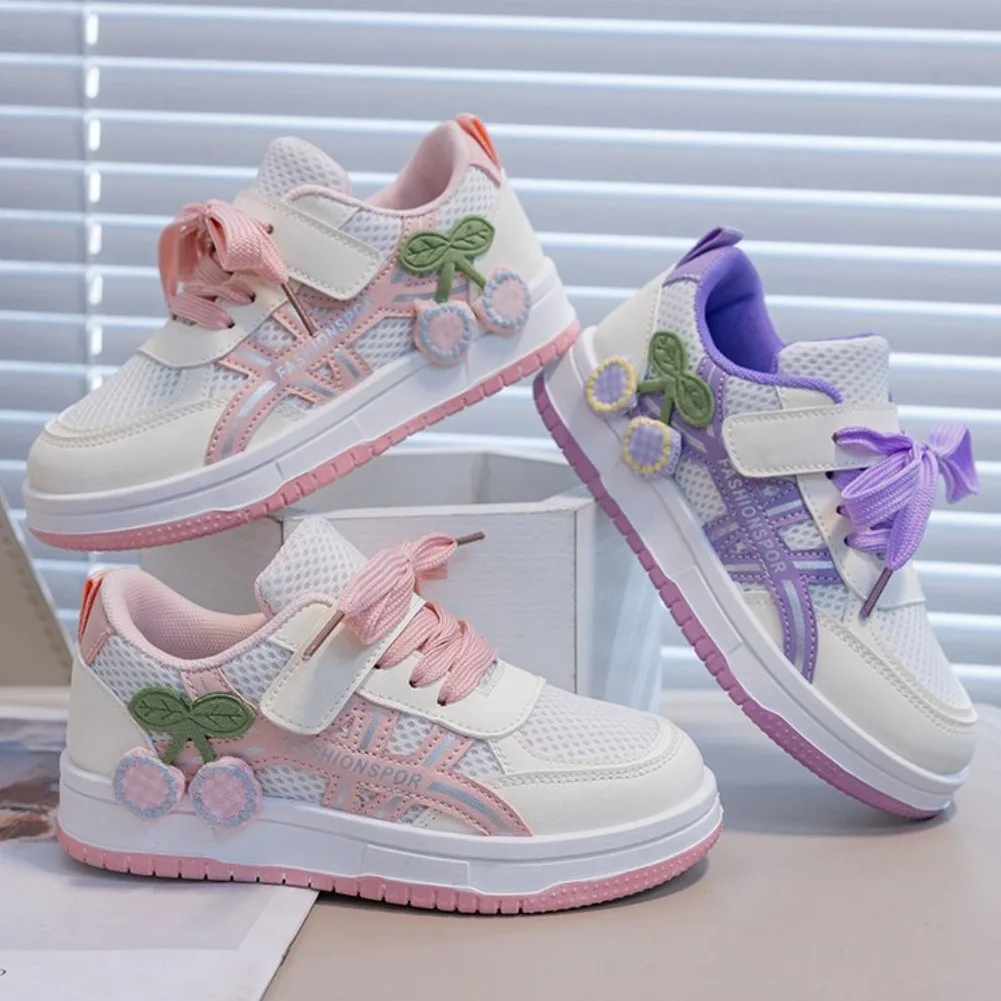 Girls Casual Sneakers Breathable Mesh Shoes Fashion Cherry Decoration Kids Sports Shoes Walking Trainers for Children Shoes