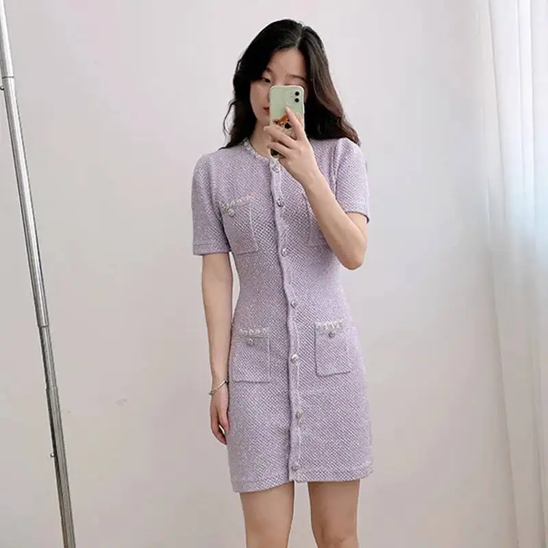 Luxury Crystal Knitted Dresses Women\'s 2026 Summer Holiday Single Breasted Pearl Sequins Flower Pencil Evening Party Vestidos