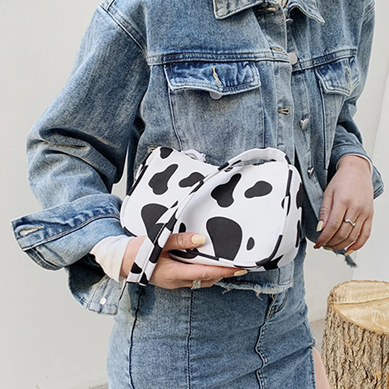 Spring Women Small Handbag Cow Pattern Print Tote Ladies\' Fashion Underarm Bag Zipper Half Moon Bags Purse