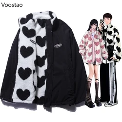 Gothic Harajuku Wear On Both Sides Thicked Lamb Wool Coats Autumn Winter Korean Loose Heart Print Jackets Couple's Parkas Tops