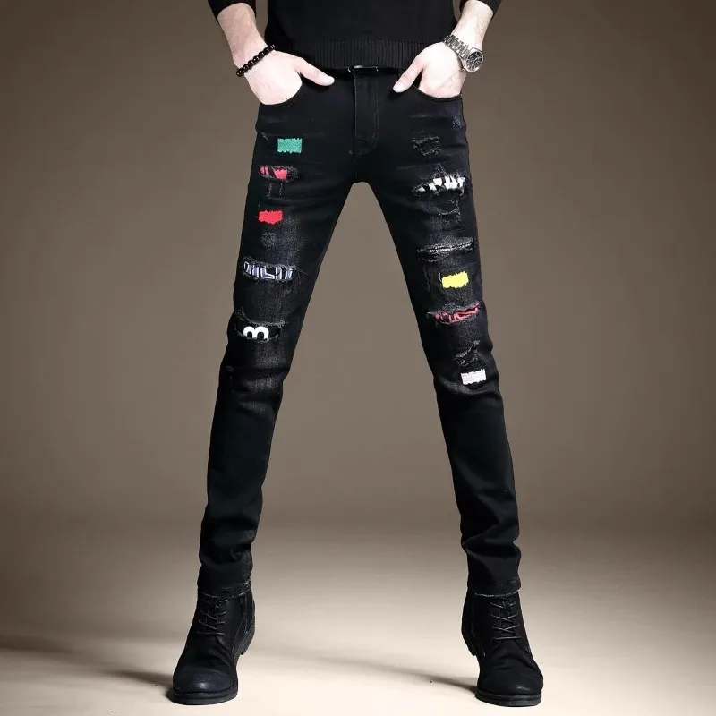 メンズ テーパード リップド ダメージジーンズ ボーンドマン カウボーイパンツ 日本風 ストリート系 レギュラー ハイグレード ソフト XS