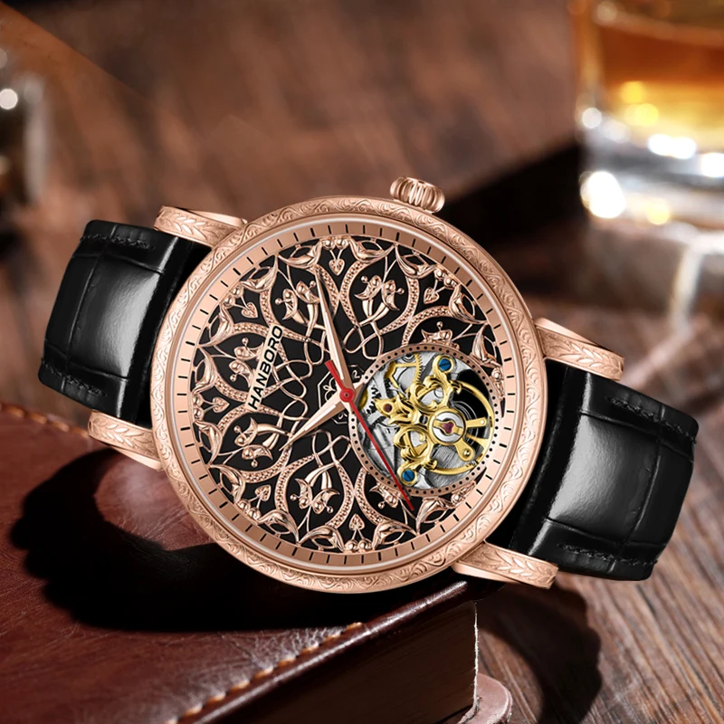 HANBORO Men Automatic Watch 42mm Mechanical Wristwatch Waterproof Luminous Sapphire Carving Flower Skeleton Dial