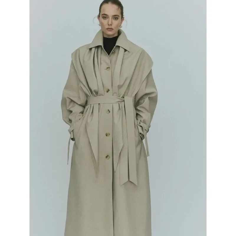 

VC * Women's Single-Breasted Trench Coat with Belt, Long Oversize Jacket, Loose Lapel, Casual Commuter, Fall and Winter, 2024