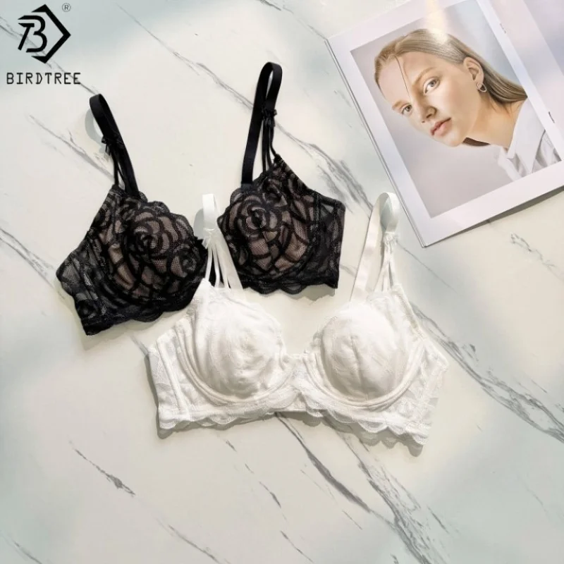 Birdtree Silk Lining Lace Bra, Women French Style Full Cup Soft Wire Solid Underwear, 2025 Summer New B57524JF
