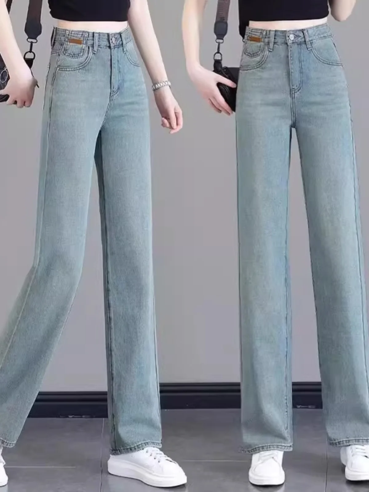 High Waist Wide Leg Jeans Women's Spring Summer New Faion Embroidery Slim Straight Cut Trousers Light Blue Denim Pants