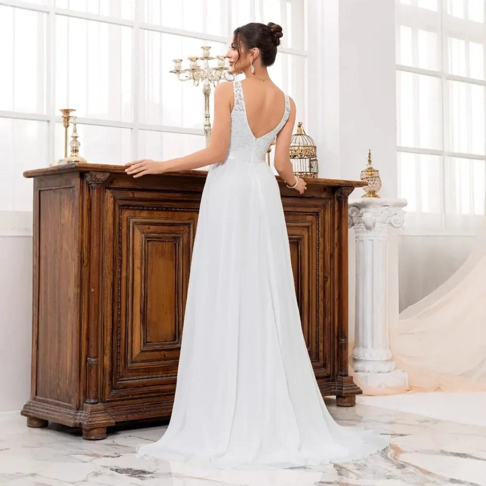 Women Spaghetti Strap Solid Color Full Skirt Long Train Wedding Gown Elegant Slim Fit Soft Breathable Flattering Party New