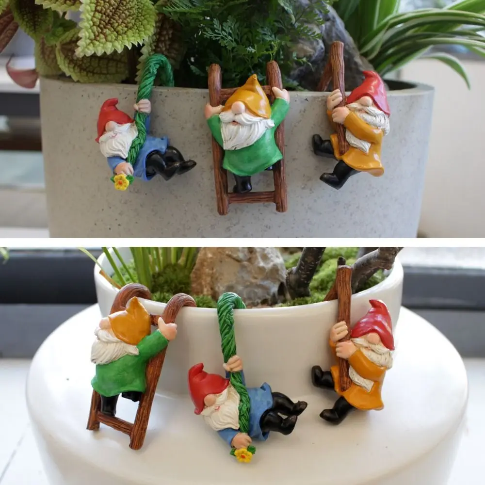 3 PCS Outdoor Creative Elf Tree Climbing Gnomes Sculpture Unique Resin Garden Dwarf Figurines Mini Plant Pot Decor