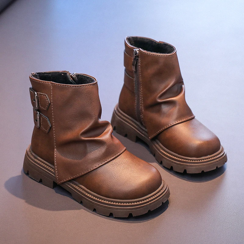 

Классические детские уличные кожаные ботинки в стиле ретро, однотонные модные ботильоны для девочек, черные, коричневые повседневные детские короткие ботинки на платформе