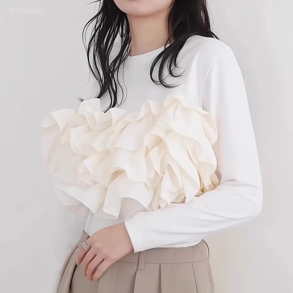 Three-Dimensional Ruffles Ropa mujer O-neck Long Sleeve Roupas Feminina Loose Casual Woman Clothes Spring Tops Camisetas