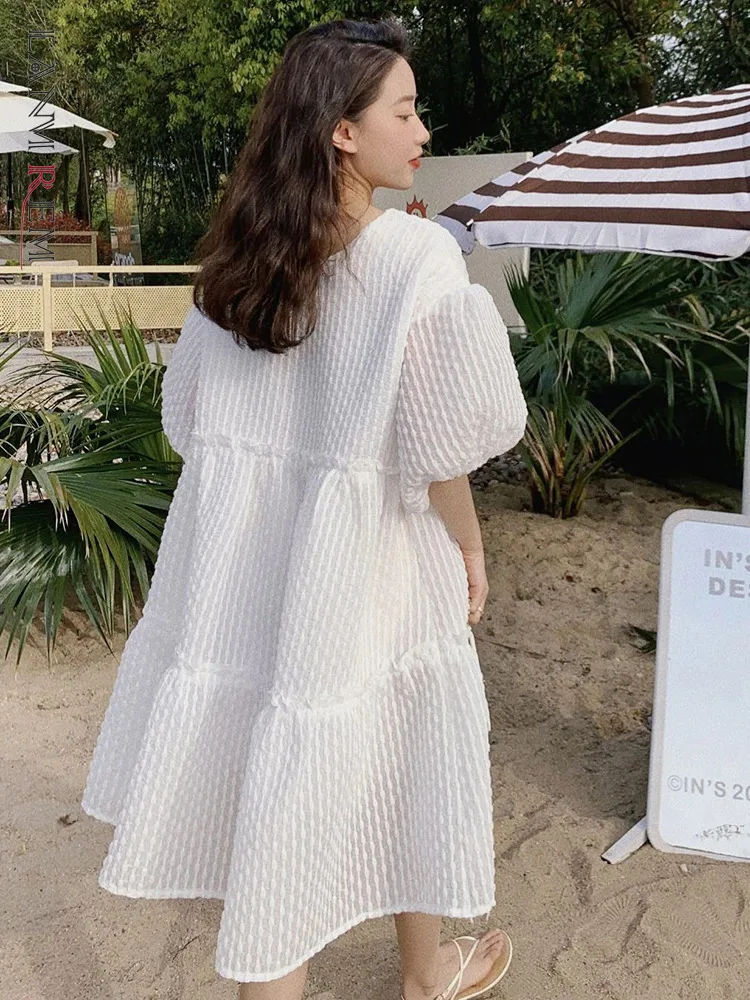 LANMREM White Summer Dress For Women Short Puff Sleeves Wearing Both Front And Back Cute Dresses Female Clothing New 2Z1011