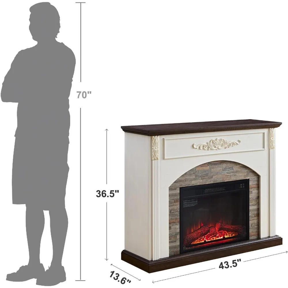 حامل تلفزيون على طراز المزرعة مع مدفأة كهربائية مقاس 44 بوصة وصندوق حريق أبيض، يتميز بحيط حجري مكدس #3