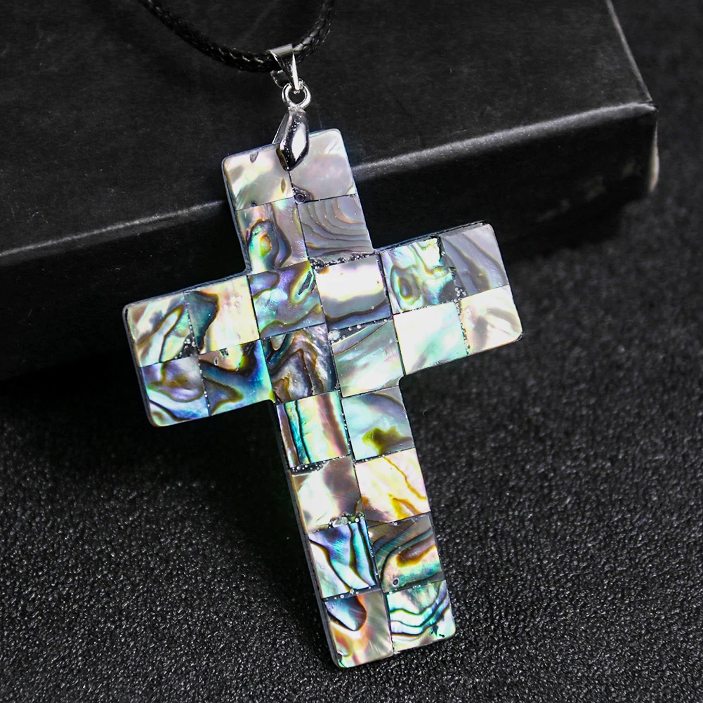 Natural Abalone Shell Cross Pendant Puzzle Craft Rainbow Sacred Religionary Christian Crucifix Necklace Chain Woman Jewelry Gift