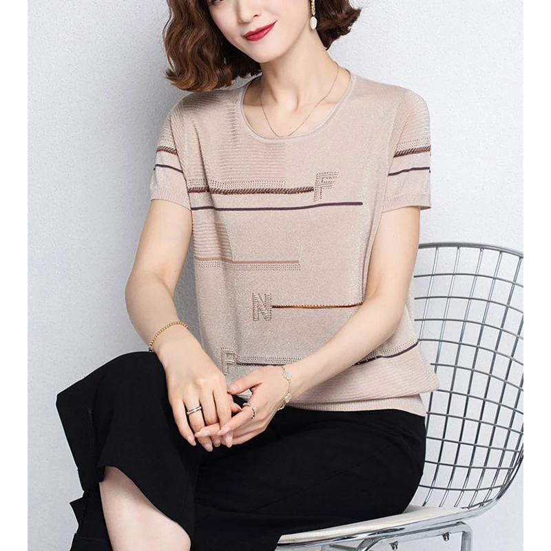 summer fashion sequins patchwork loose casual knitting tee women short sleeve oversized pullover top female all-match t-shirt