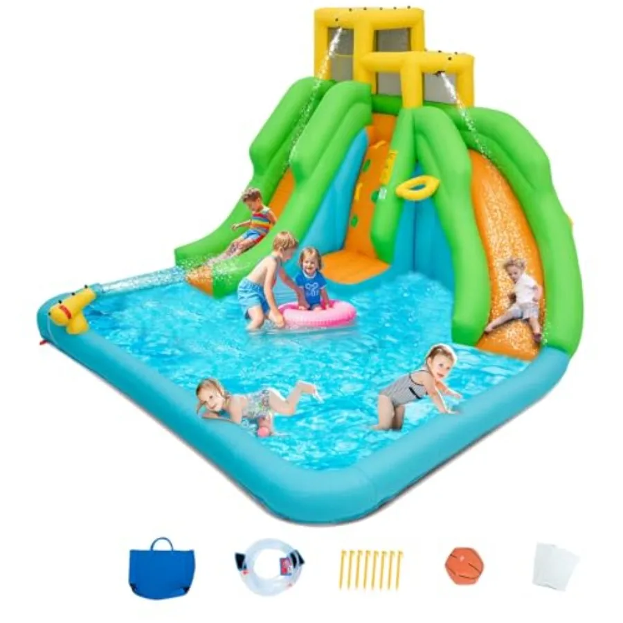 

Надувная водная горка 6 в 1: батут с 2 горками, скалодромом, бассейном, баскетбольным кольцом, водным пистолетом. Надувной водный комплекс.