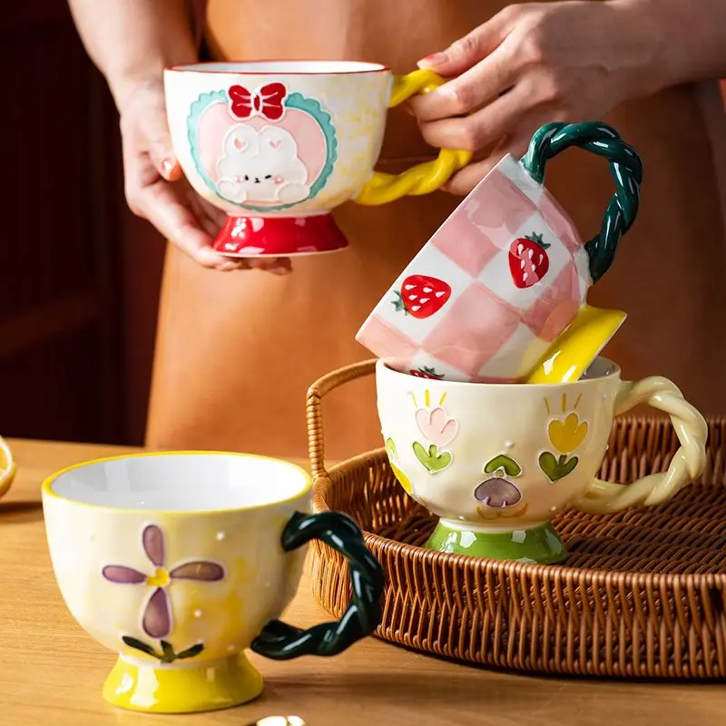 410ml Cute Hand Painted Coffee Cup Ceramic Mug Cute Milk Cup Embossed Tea Cups Office Coffee Drinkware Thickened ceramic Teacup