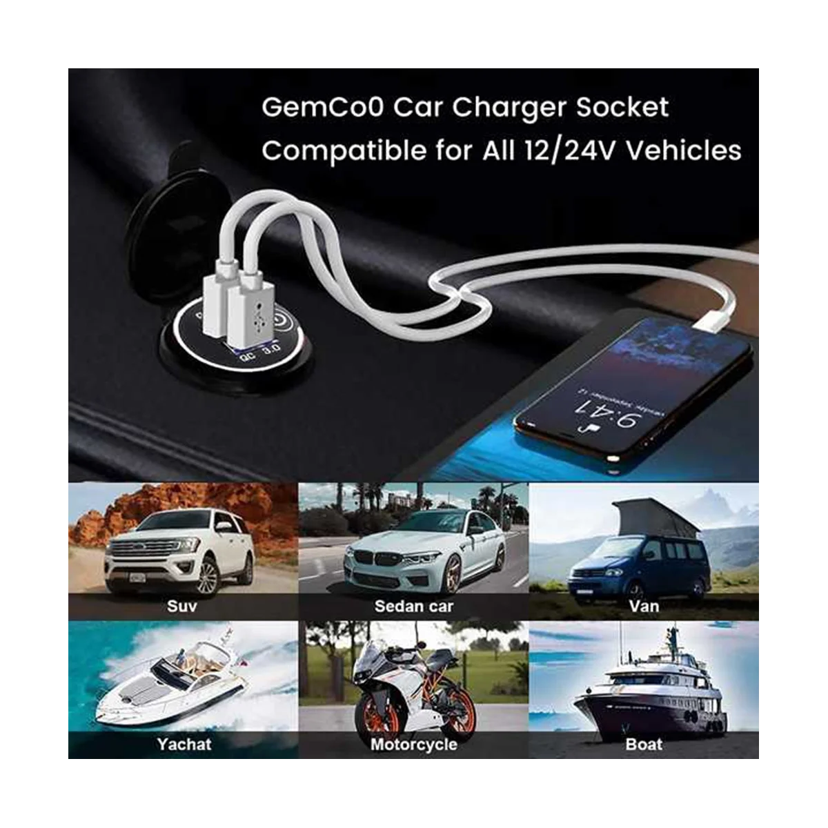 2Set Quick Charge 3.0Dual USB Car Charger 12V 36W USB Fast Charger with Switch for Boat Motorcycle Truck Golf Cart Green