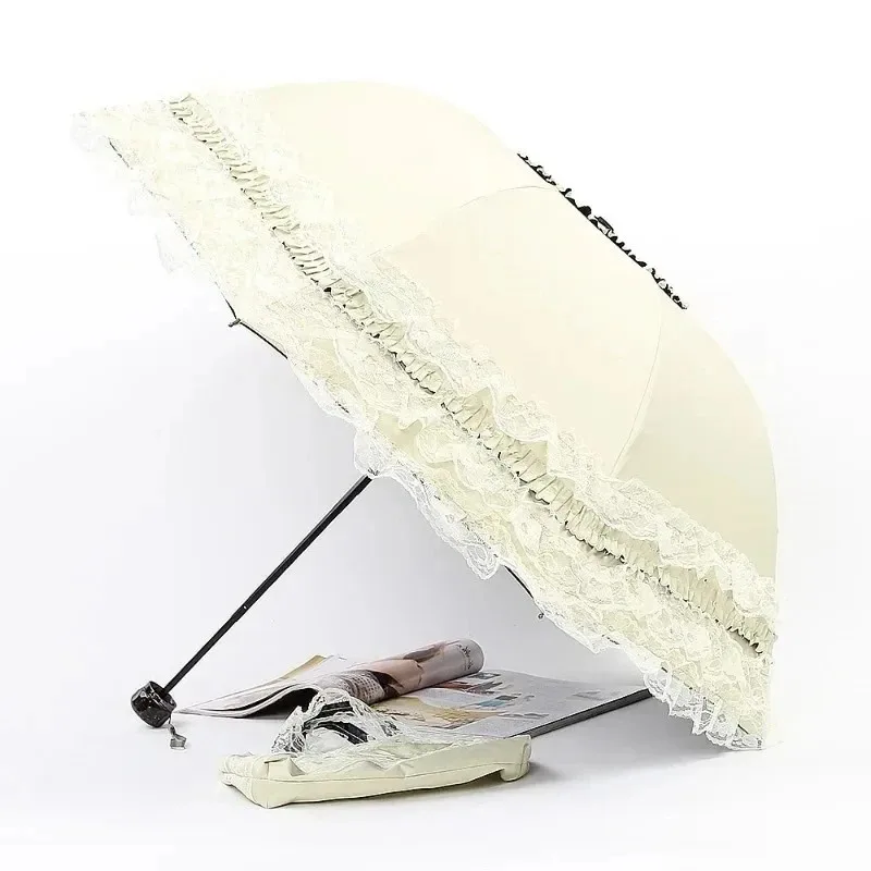 5-layer Lace Princess Parasol Ruffled Sun Protection Umbrella Black Coating 3-fold Dual-purpose Rain Shade Portable Foldable