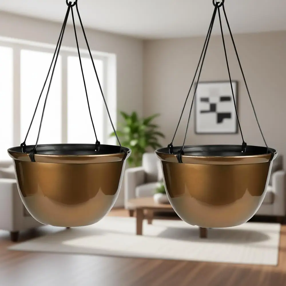 

11-дюймовое круглое подвесное кашпо - металлическая корзина для комнатных и уличных растений, бронзовый цвет (набор из 2 шт.)