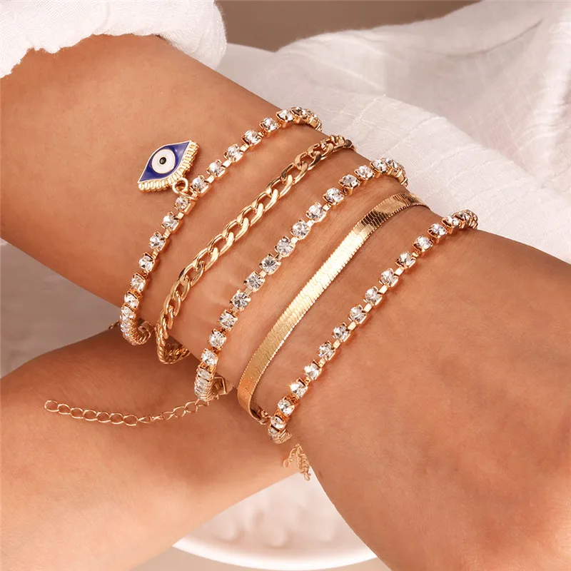 Aihua Bohemian Crystal Turkish Lucky Blue Eye Bracelet Bangle For Women Gold Color Chain Bracelet Set Vintage Boho Jewelry Gifts