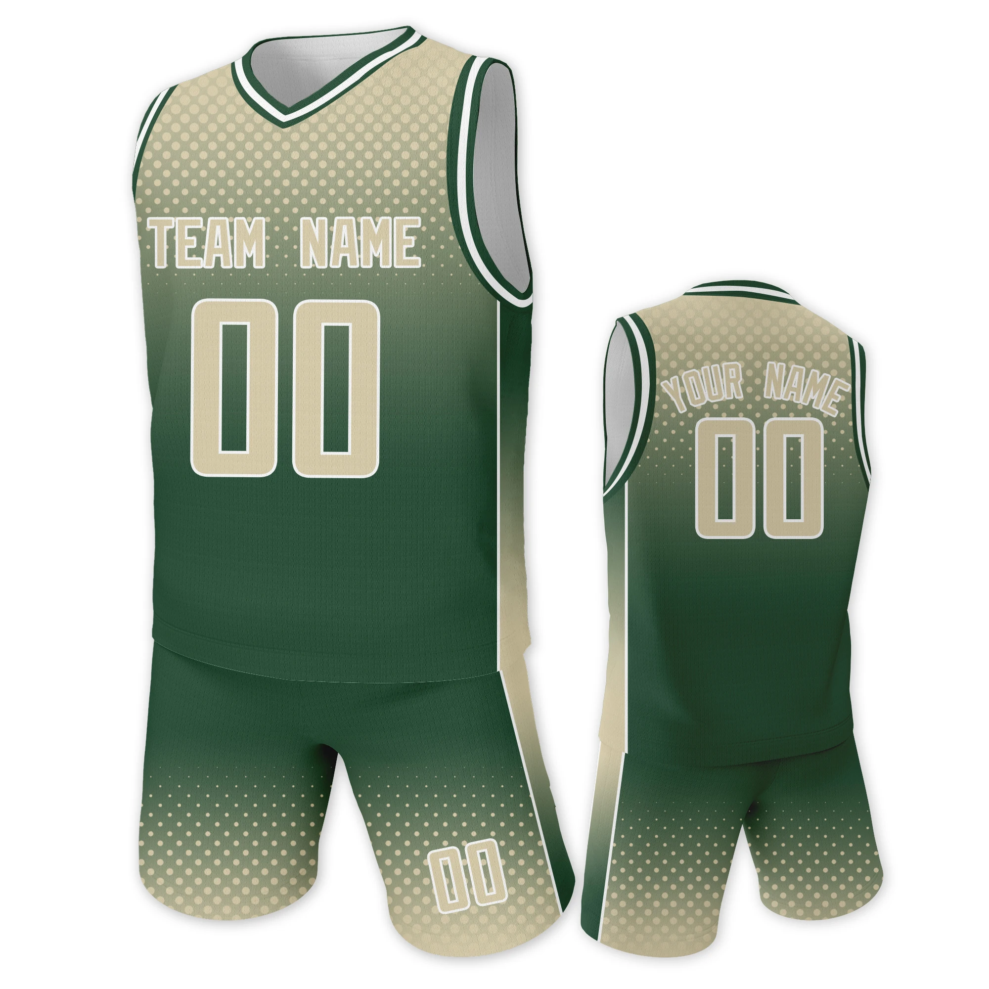 Custom Basketball Uniform for Kids Cream Green Printed Team Name Number Basketball Jersey Shorts Suit for Boys Girls 3-14Y