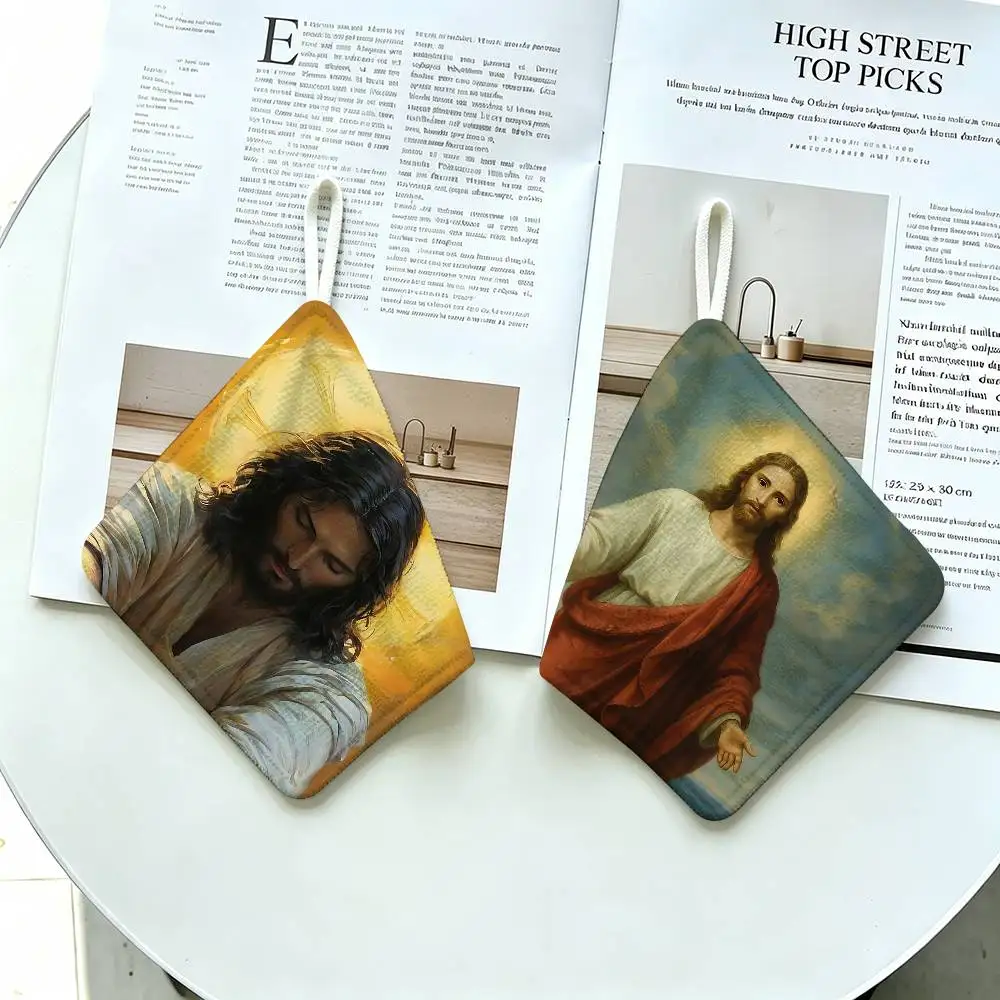 Classic Sacred Figure J-Jesus Hanging Polyester Cotton Towel, Reusable Hand Wiping Cloth, Wear Resistant for Home Kitchen Sink