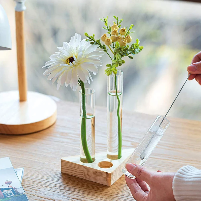 Plant Terrarium with Wooden Stand Desktop Live Plant Propagation Station Planter Glass Tubes Hydroponic Vase Air Planter Holder