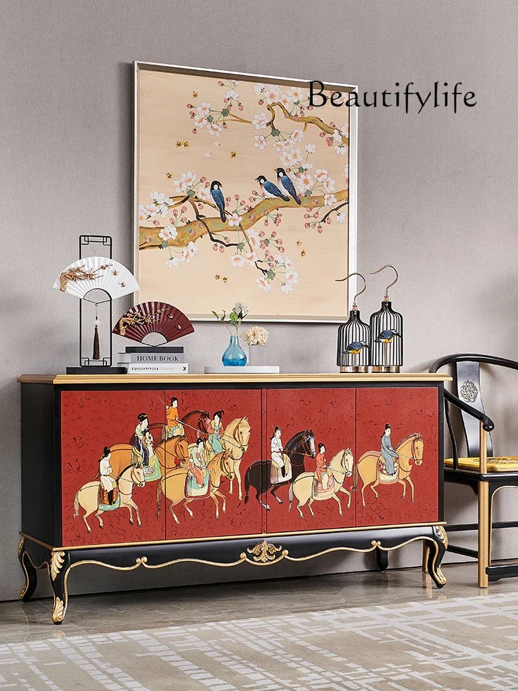

New Chinese living room solid wood carving dining side table American French storage cabinet