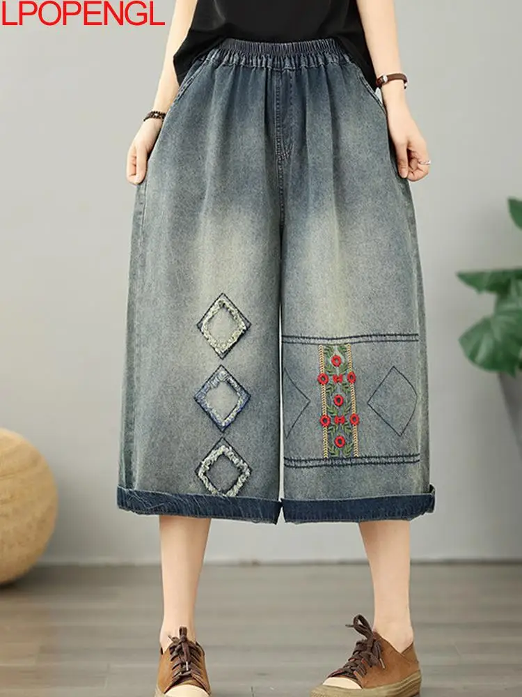 

2026 New Woman Denim Embroidered Loose Casual Versatile Elastic Waist Calf-length Pants Vintage Ground White Wide Leg Jeans