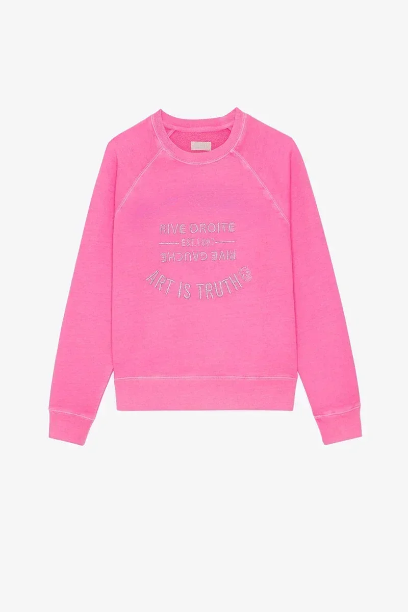 Llegada de estilo francés ZV Sudadera con capucha clásica con bordado de letras y mangas caídas para mujer, sudadera en color rosa Tie Dye